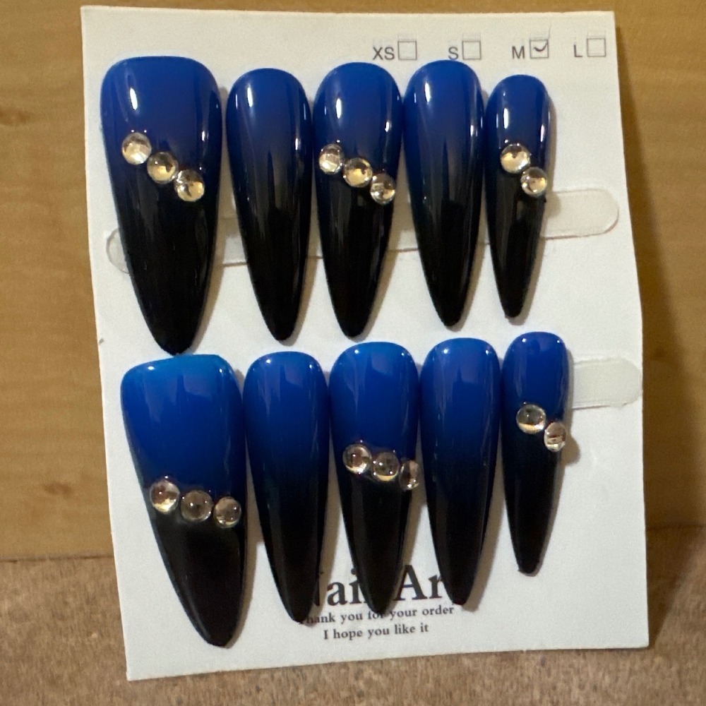 Blue Black Ombre Stiletto Press On Nails with Rhinestones Size Medium Glossy Set